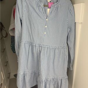 J. Crew Blue and White Striped Tiered Dress
